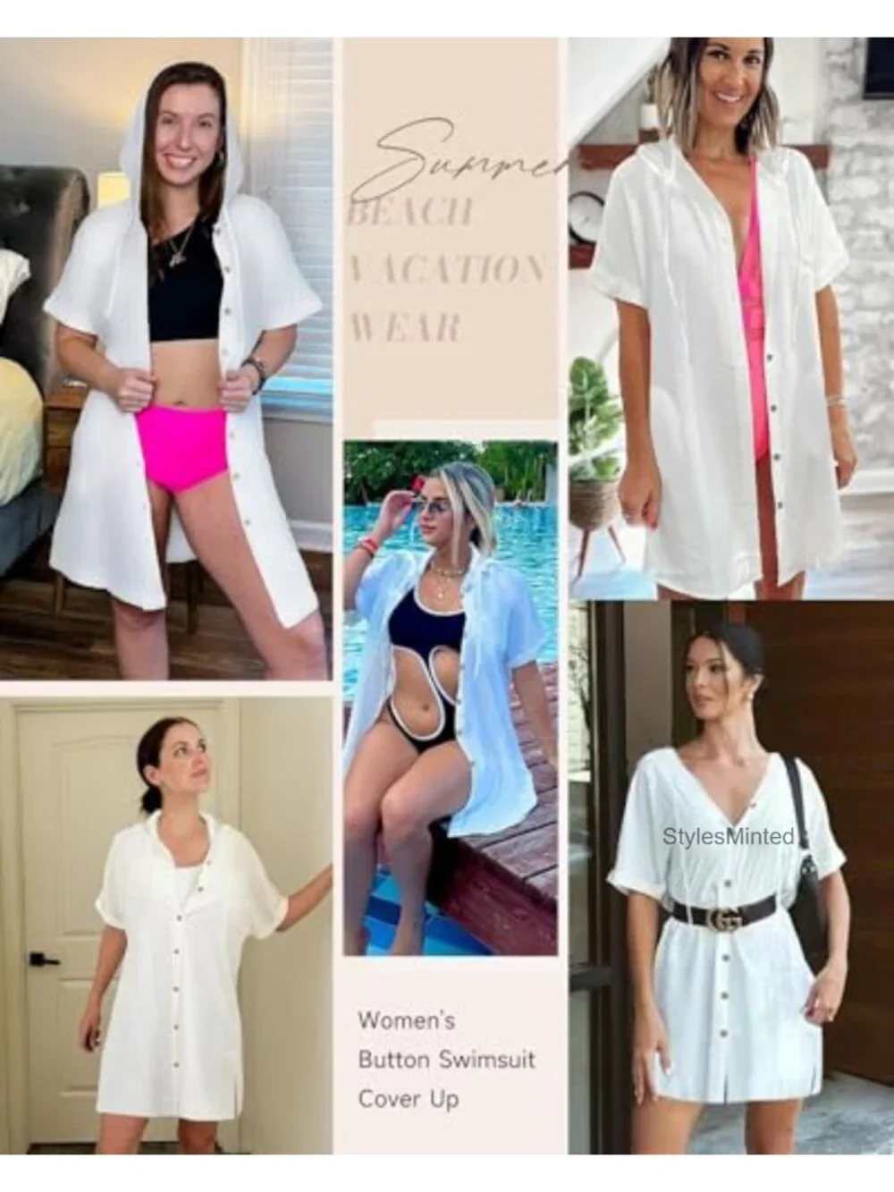 Women's Hooded Swim Cover Up Shirt Beach Dress Button Down Short Sleeve Pockets